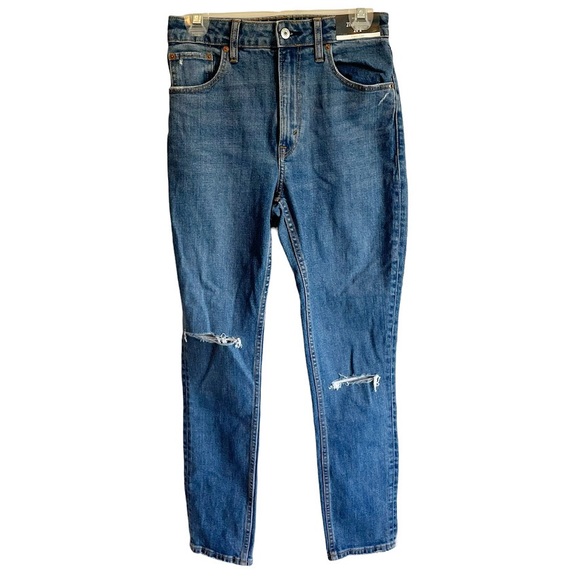 NWT Abercrombie & Fitch Solid Blue Denim Distressed Curvy Skinny High Rise Jeans - Picture 6 of 14